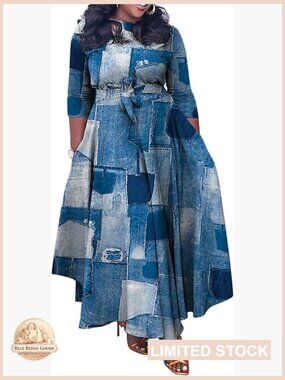 Floral Print Plus Size Maxi Dress 3/4 Sleeve High Waist Flowy Ruffle Fall